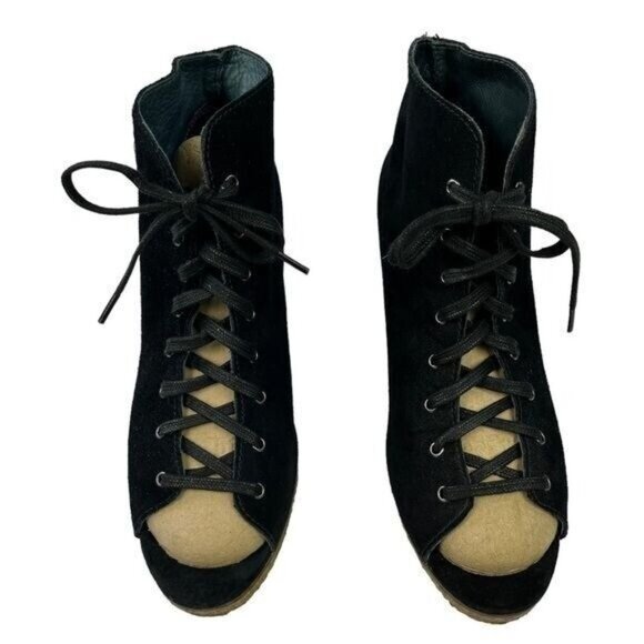 Ugg Elyse Black Leather Open Toe Lace Up Wedge Womens Booties Size 7 - Picture 4 of 12